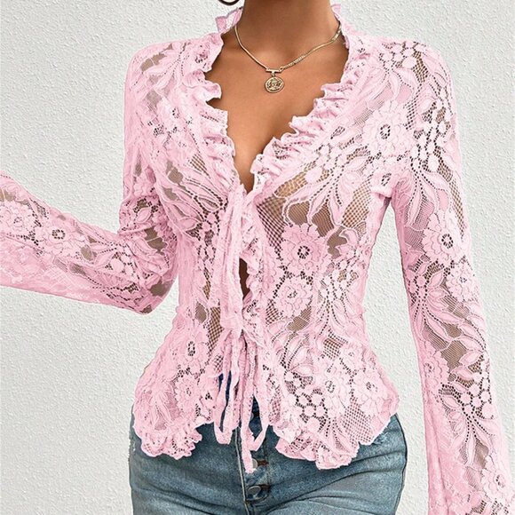 Pink Sexy Women's Lace Sheer Long Sleeve Tops Tie Front Ruffle Shirt Blouses - Picture 3 of 4